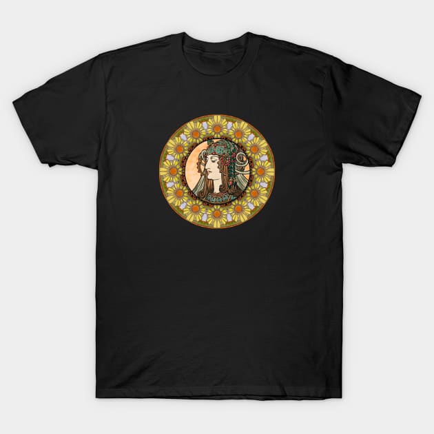 Mucha Flower Wreath Lady 05 T-Shirt by Cheering Design